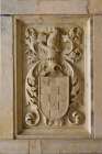 Tomar, Portugal. Tomar castle, home to the Convento de Christo. Regal stone carved shield. Art Print